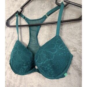 Victoria’s Secret Bra 36C Teal Lace Racerback Push Up Underwire Floral